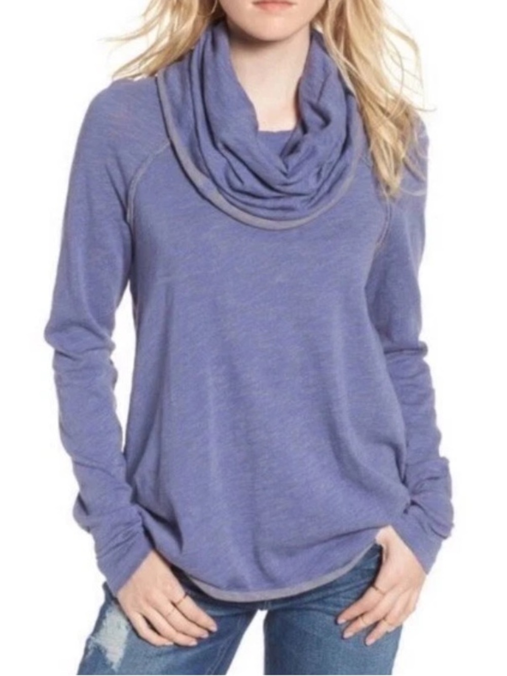 Free People Blue Slub Knit Cowl Neck Cocoon Top Medium